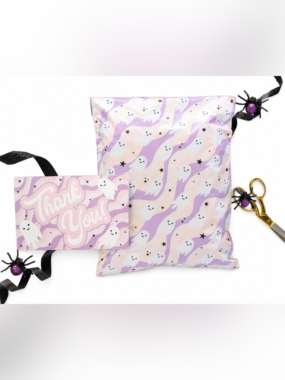 20 12โ x 15.5โ Ghost Poly Mailers & 20 4โ x 6โ Thank You Ghost Halloween Combo - Picture 1 of 5
